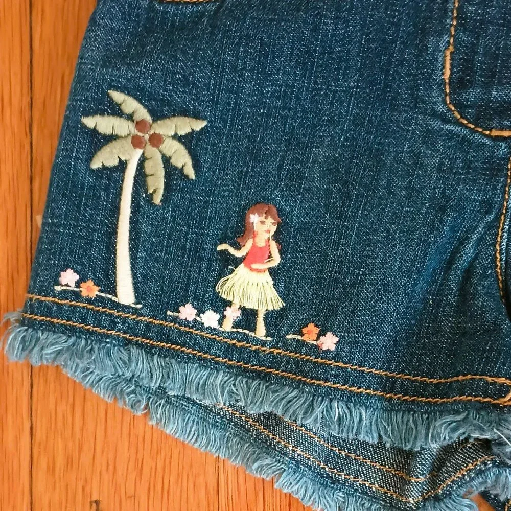 Gymboree Girls Embroidered Hawaiian Shorts 6-12m Denim Pull On Jean Cut Offs